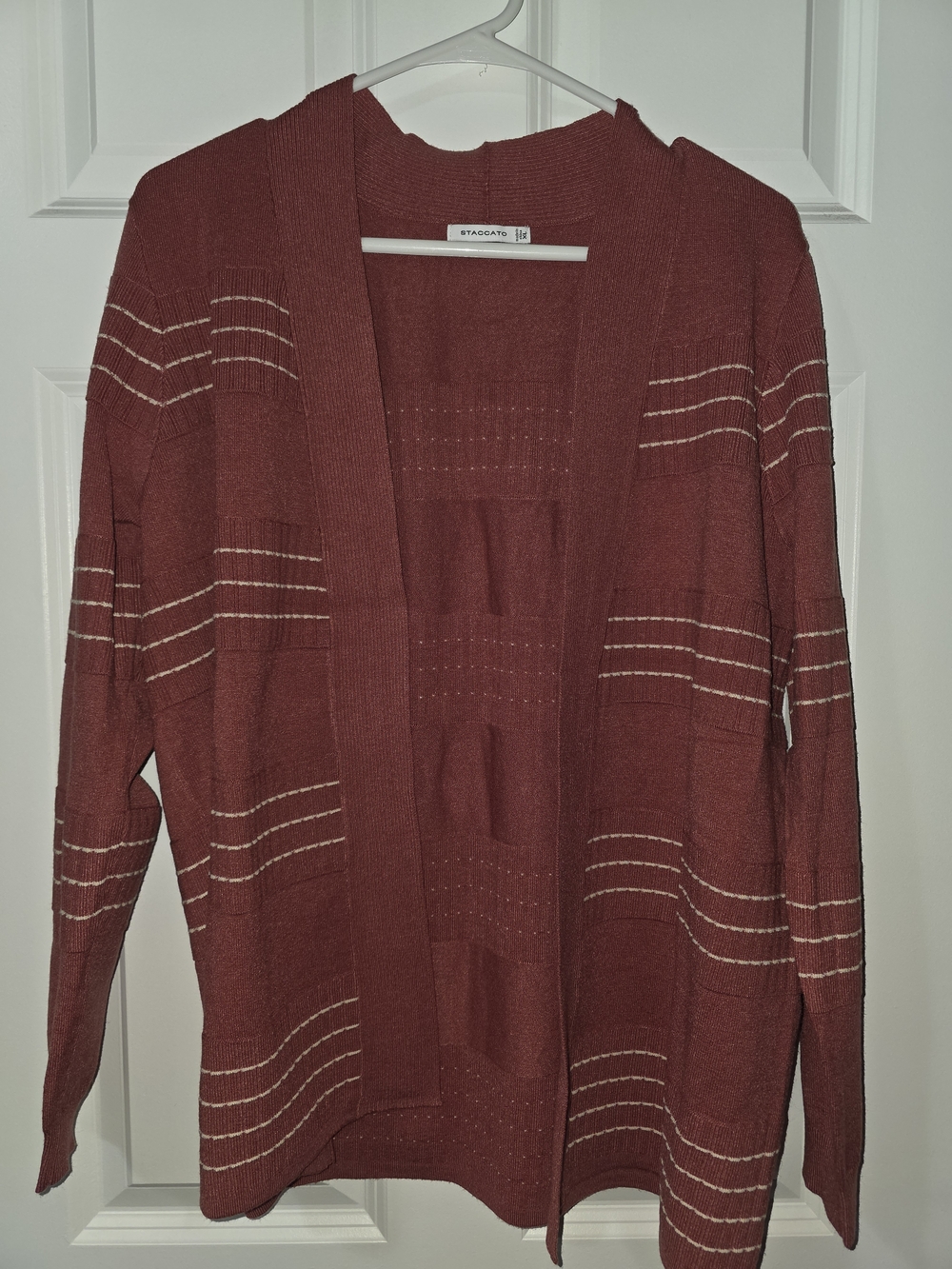 Staccato Rust Open-Front Cardigan with Cream Stripes